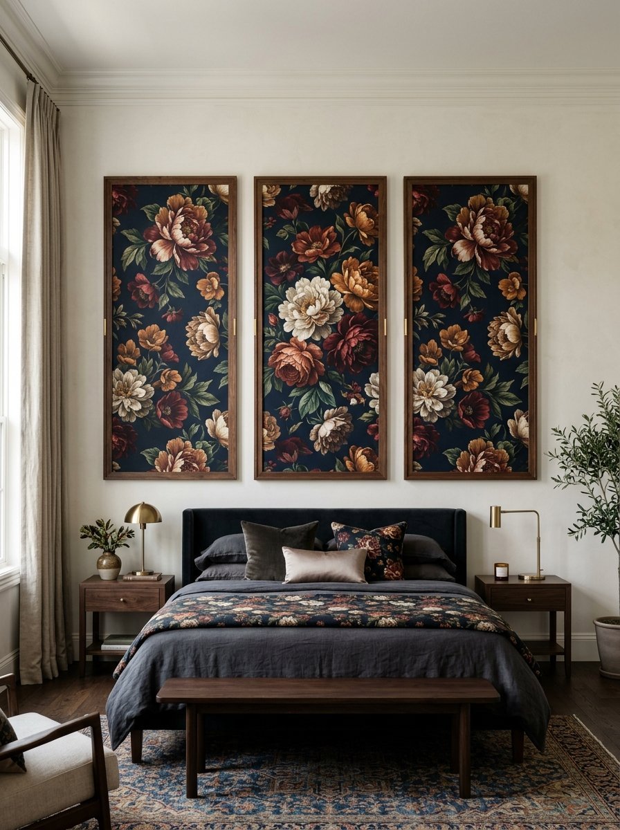 Bedroom featuring three vertical dark floral canvases on the wall over a bed with matching patterned bedding.