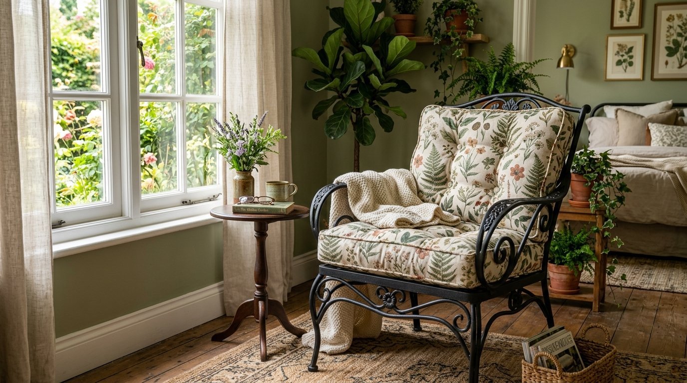 Black wrought iron chair with botanical print cushions sitting in a sunlit corner with a side table and plants.