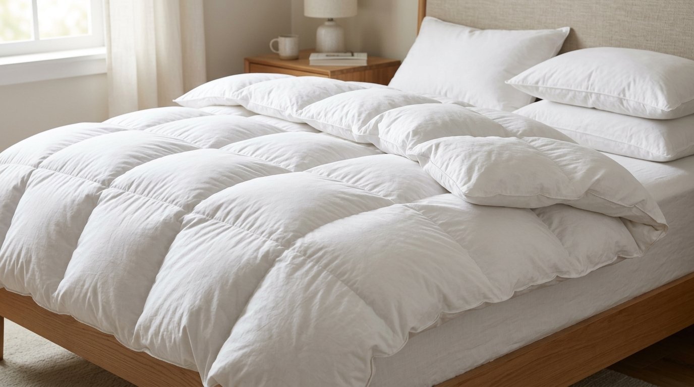 A close-up of a soft, puffy white down duvet laid out on a bed with stacked pillows in a bright bedroom.