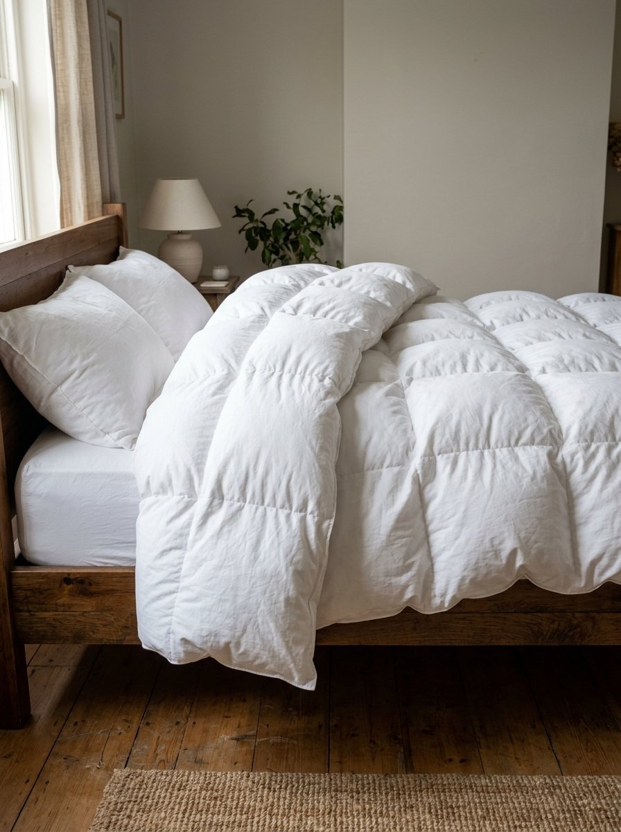 Close-up of a white quilted duvet on a dark wood bed with a bedside lamp and plant in the background.
