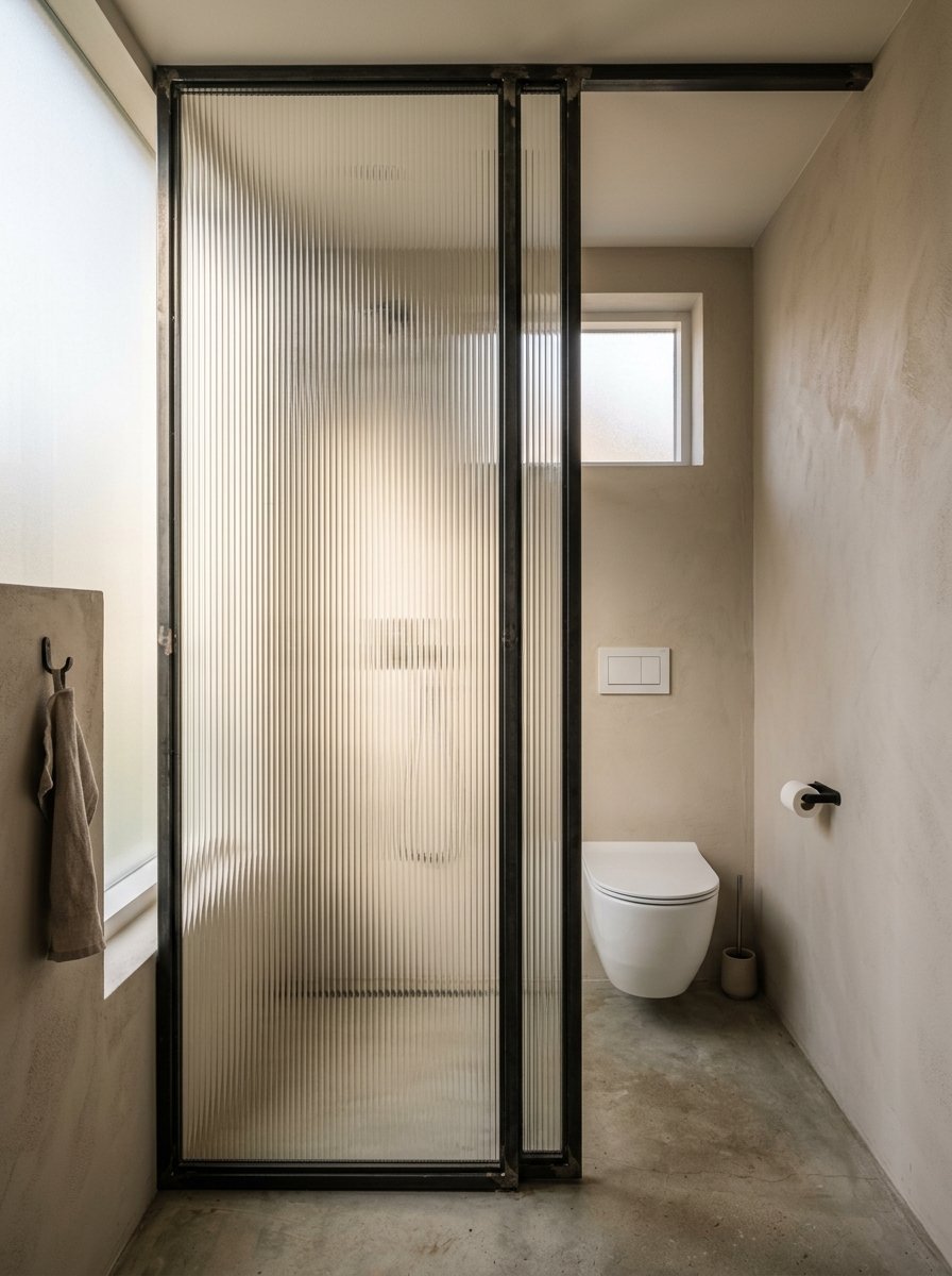 Modern bathroom with a wall-mounted toilet next to a textured glass shower door with dark metal hardware.