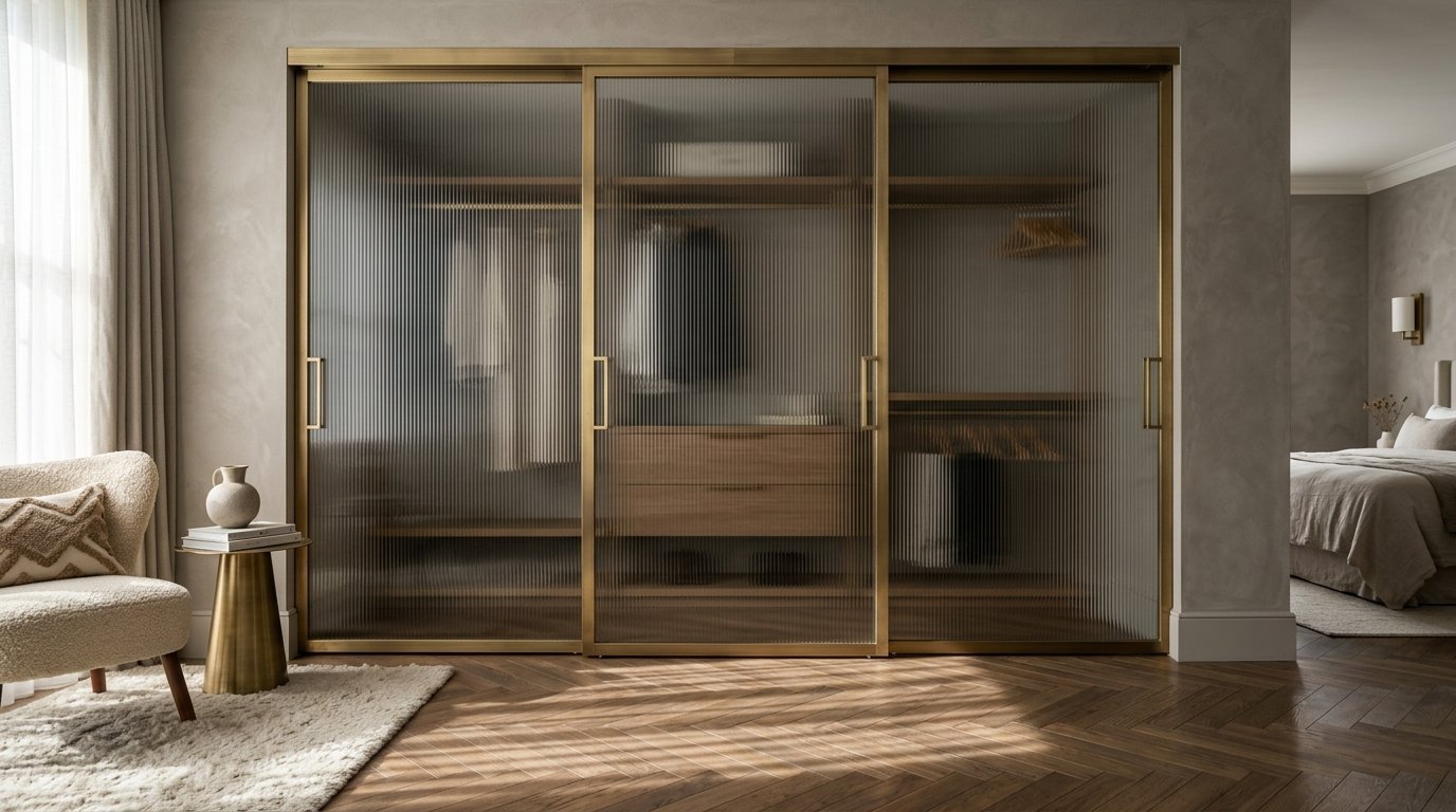 Large built-in closet with textured glass sliding doors, wooden shelves, and brass metal hardware in a bedroom.