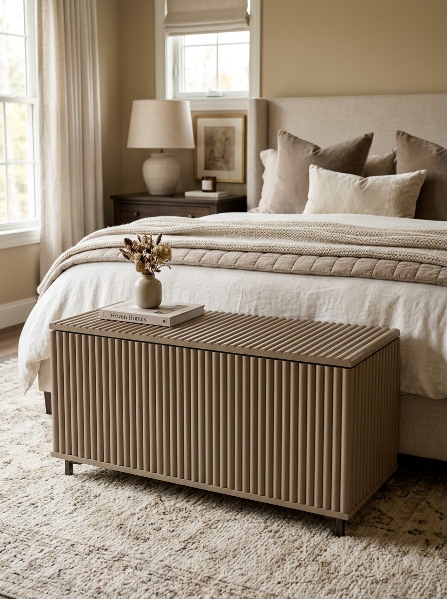 A tan, ribbed storage bench sits on a textured rug in front of a beige upholstered bed with layered neutral bedding.