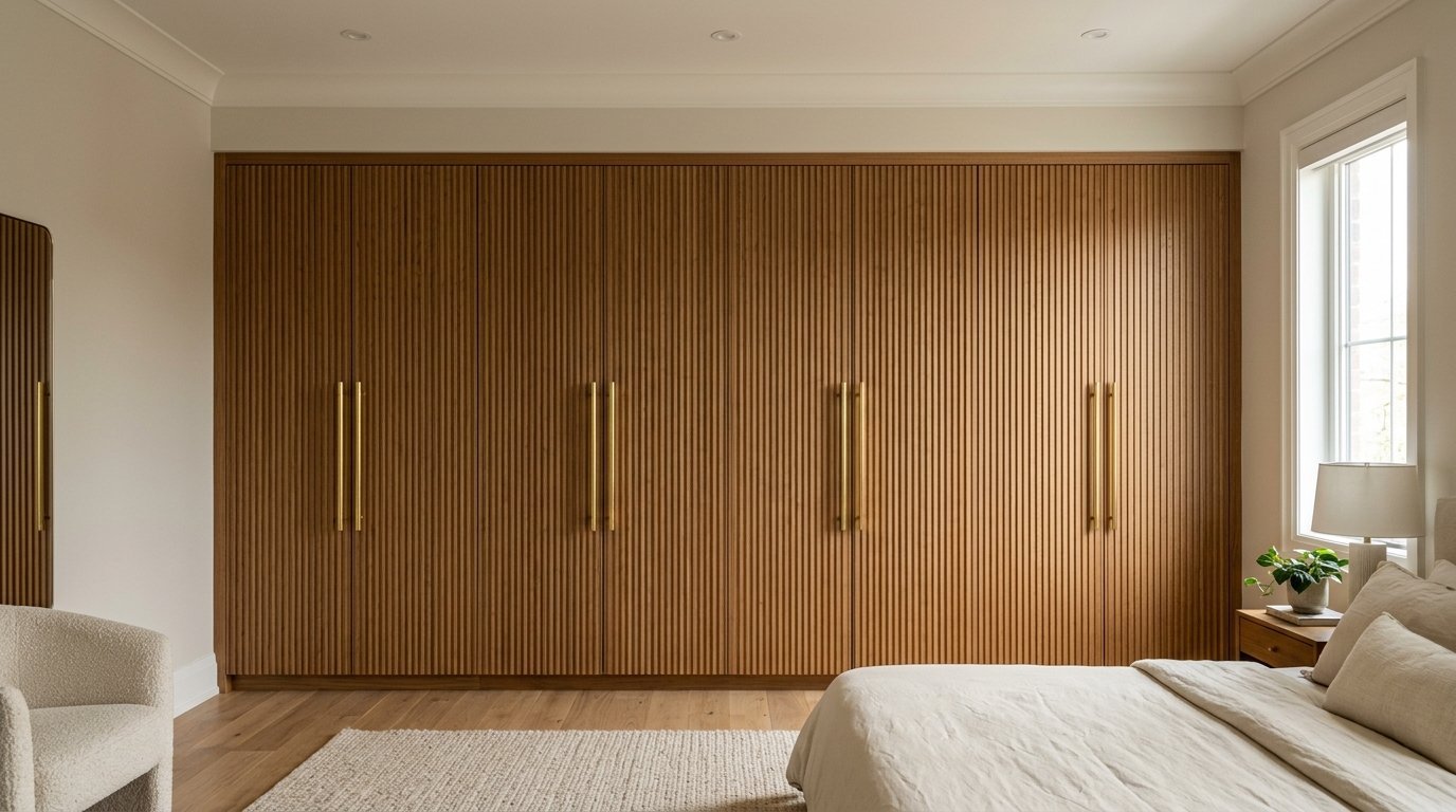 Custom floor-to-ceiling wardrobe with vertical wood slats and long gold handles in a neutral bedroom setting.