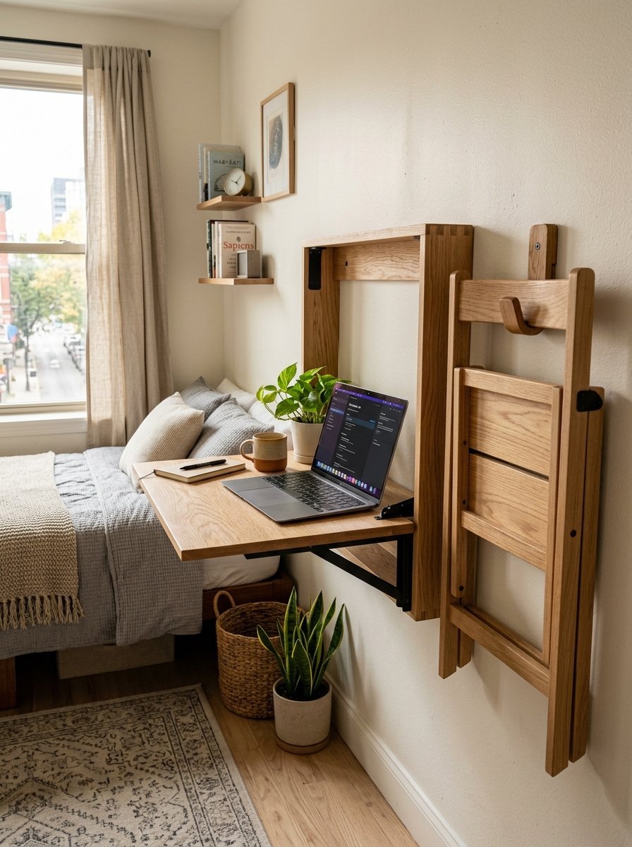 A light oak wall-mounted desk with a laptop and matching foldable chair stored on the wall in a small apartment bedroom.