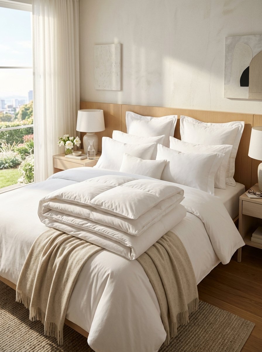 A close-up of a thick white down duvet layered over white bedding with a beige throw blanket in a sunny bedroom.