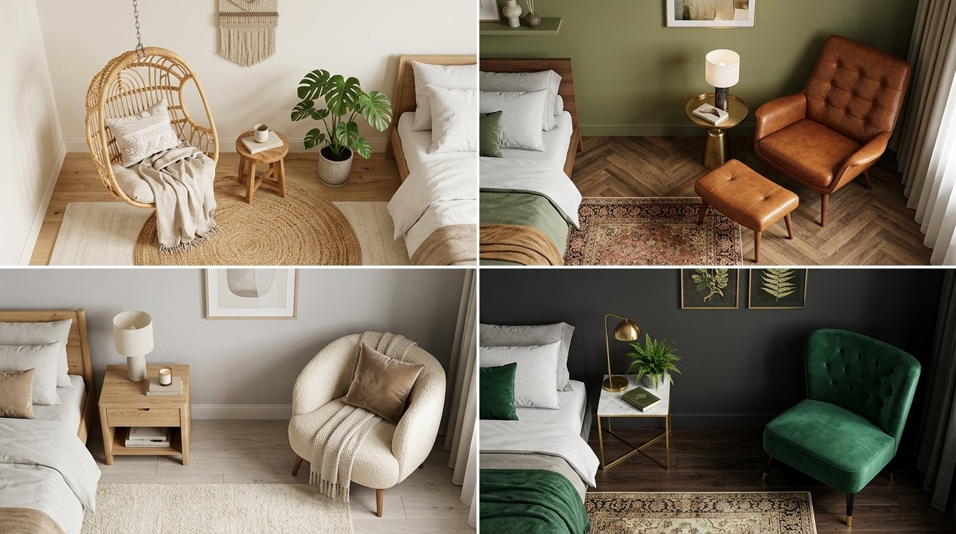 A split view showing four different bedroom corners featuring various chairs, color palettes, and furniture arrangements.