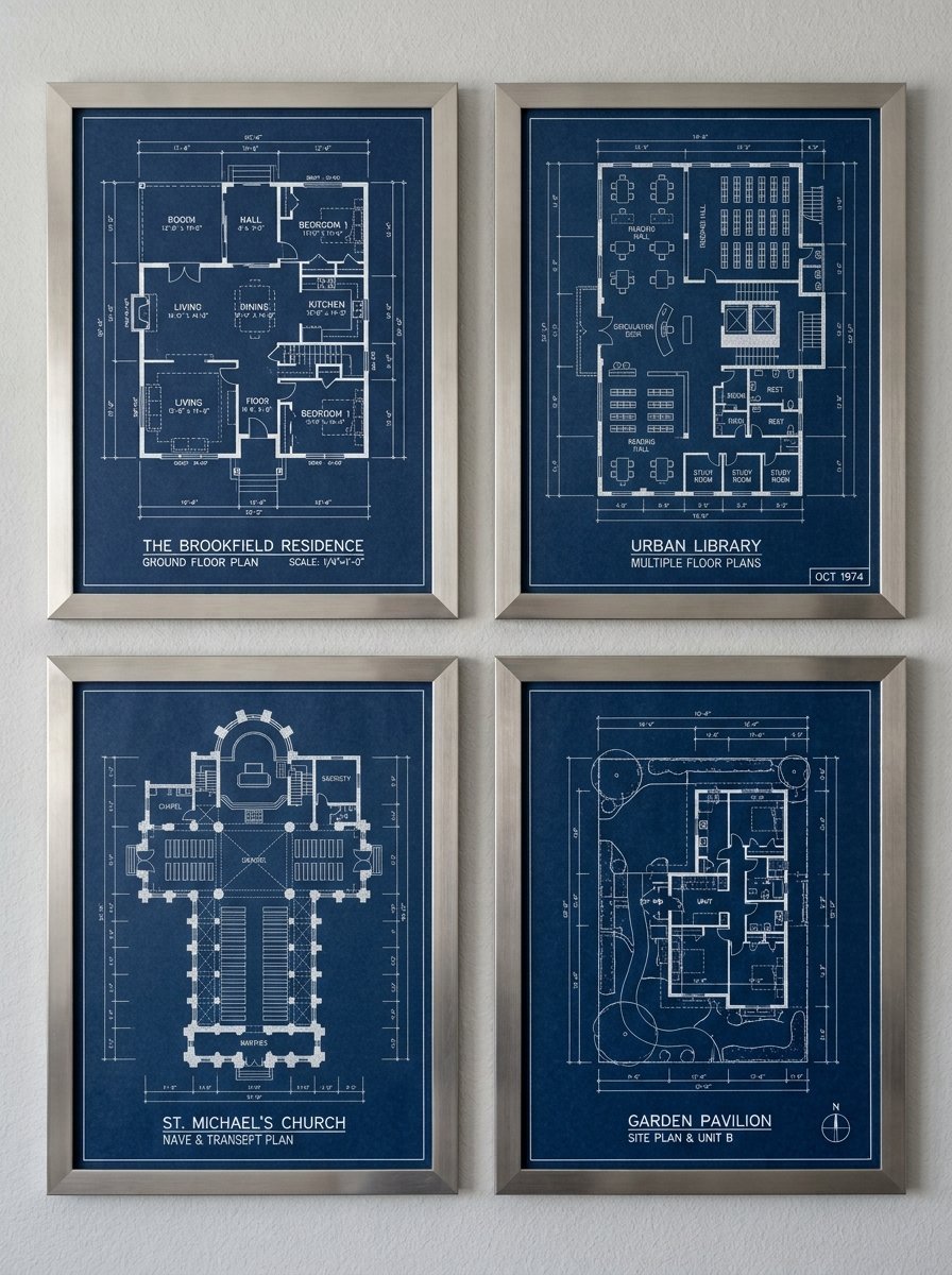 Four framed architectural drawings on a wall, showing house, library, church, and pavilion floor plans in white on blue.