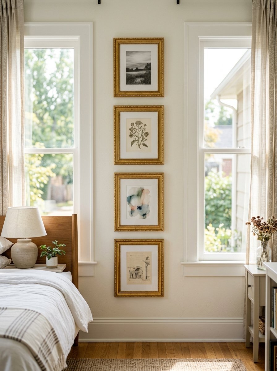 Four gold-framed pictures arranged vertically on a wall between two bedroom windows.