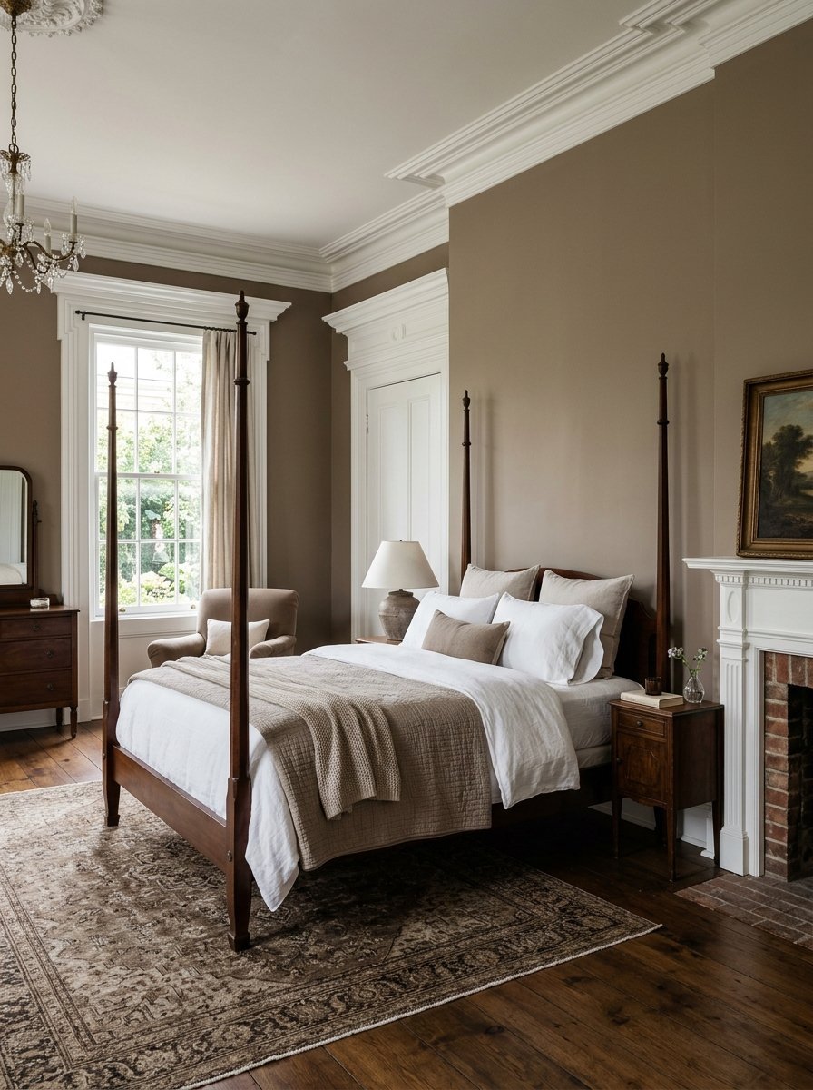 A classic bedroom with taupe walls, dark wood furniture, and a centerpiece canopy bed with white linens.