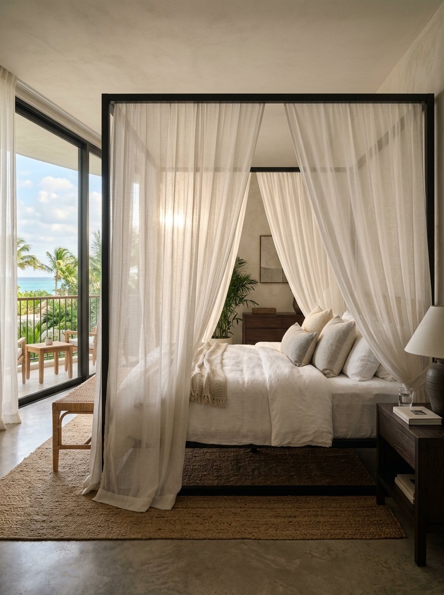 A light and airy hotel suite with a canopy bed overlooking a private balcony with palm trees and a blue ocean view.
