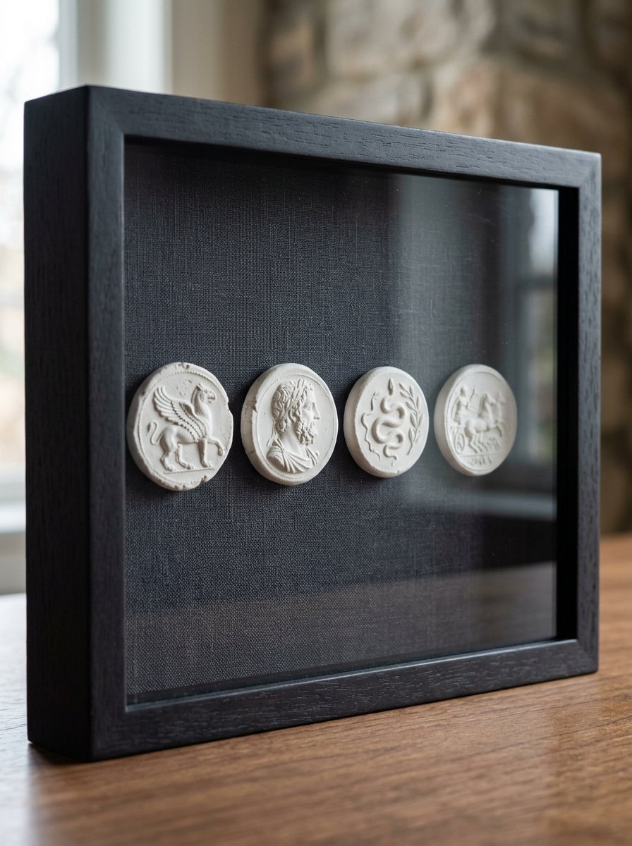 Close-up of four white round relief sculptures depicting classical imagery mounted on dark fabric in a shadow box.