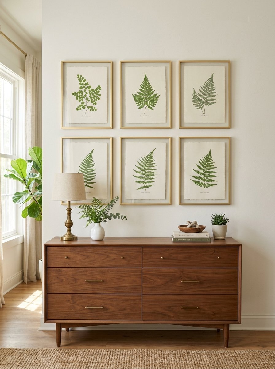 Wooden dresser with gold hardware topped by a lamp, plants, and books below a six-piece gallery wall of fern art.
