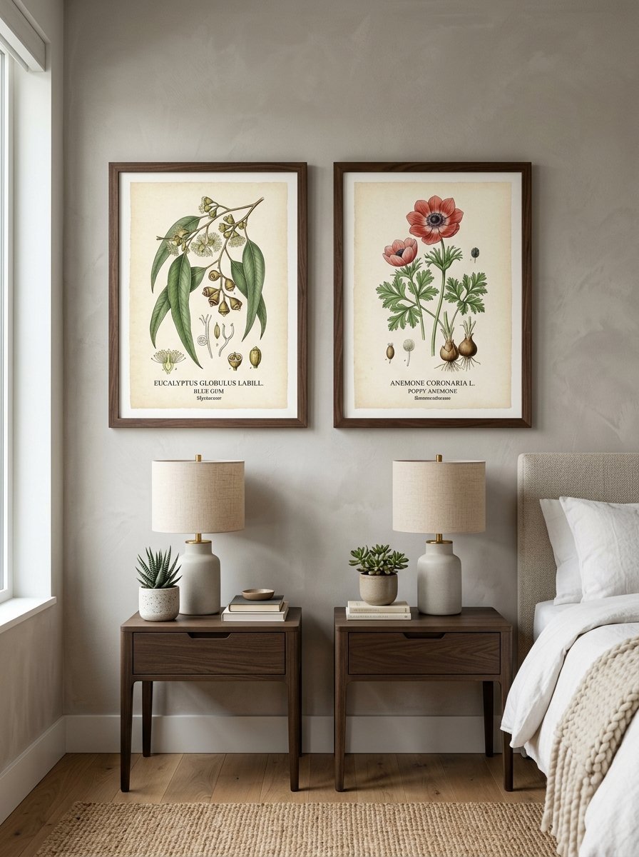 Two framed wall art pieces featuring eucalyptus and anemone plant illustrations above bedside lamps.