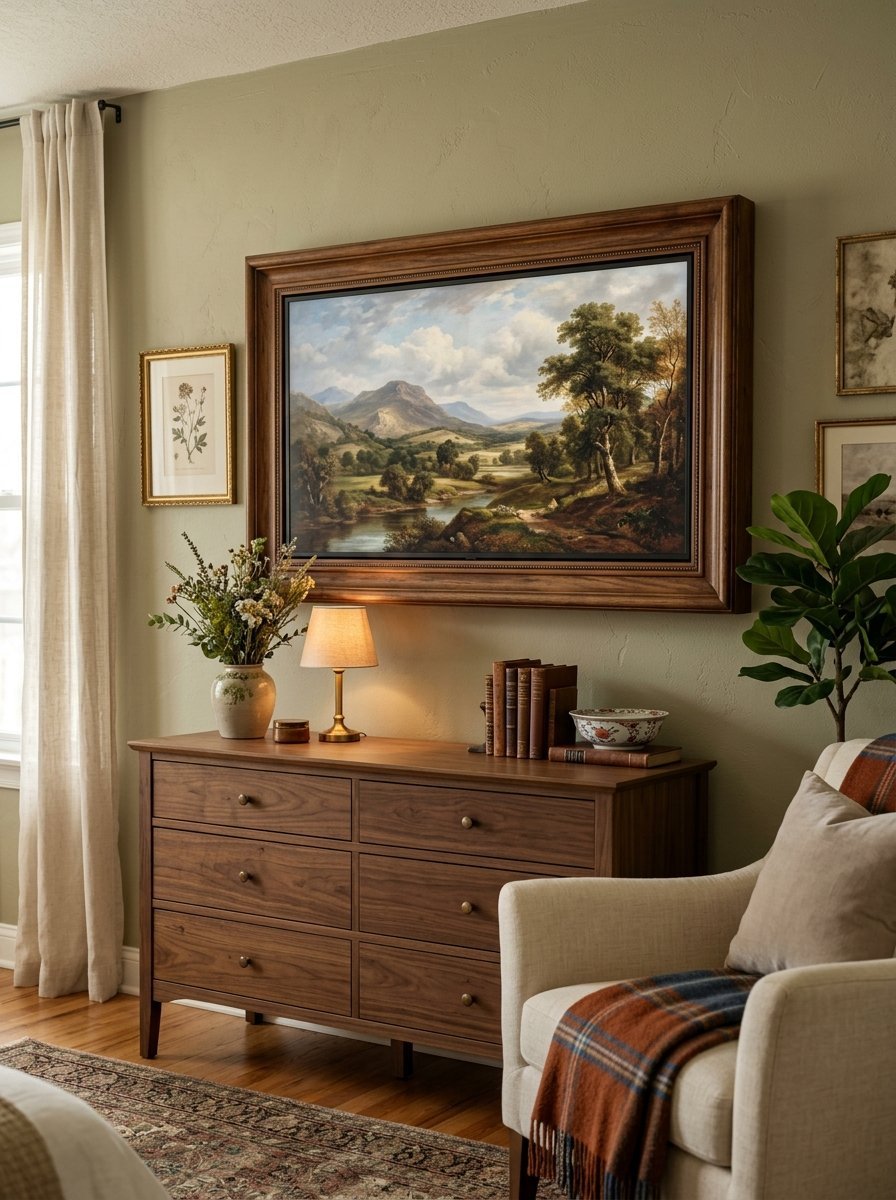 A rustic wooden dresser holding a lamp and books below a large framed landscape painting on a sage green wall.