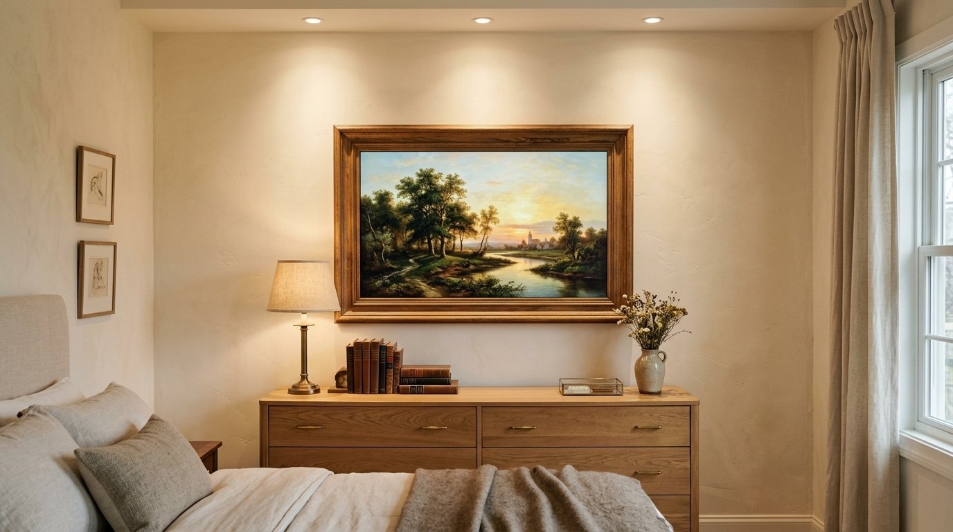 A scenic painting of a river at sunset hanging on a bedroom wall over a wooden chest of drawers and lamp.