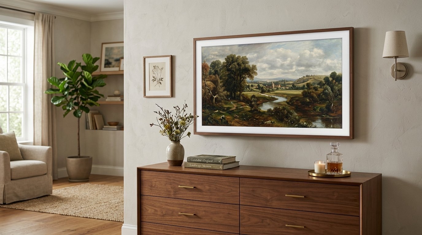 A flat-screen TV displaying a classic oil landscape painting above a walnut wood dresser in a stylish living room.