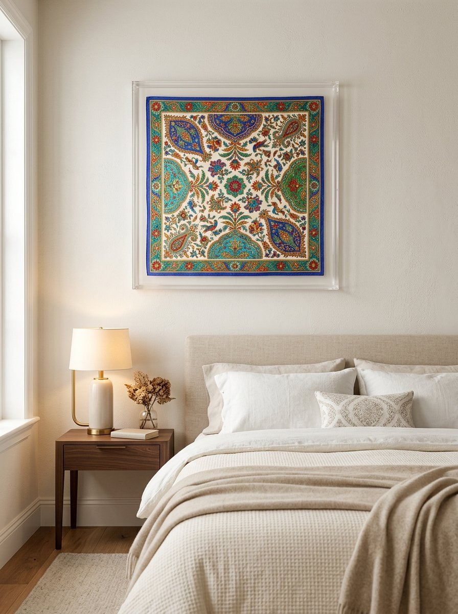 A colorful decorative scarf with paisley patterns hangs in a clear acrylic frame above a beige bed.