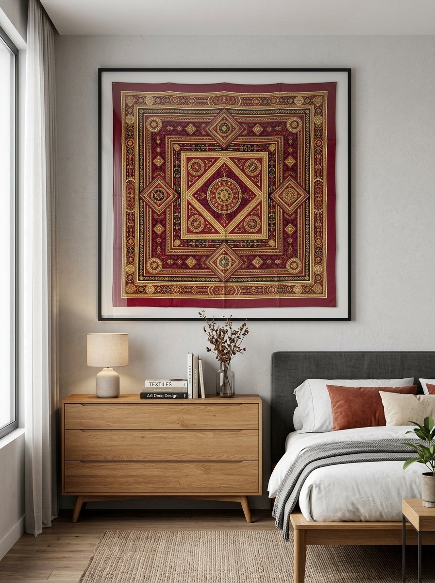 A square, ornate red and gold geometric tapestry mounted in a black frame above a wooden bedroom dresser.