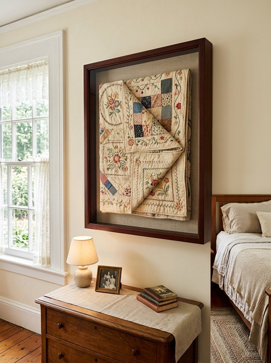 A decorative antique quilt hanging on a bedroom wall inside a large shadowbox display frame.
