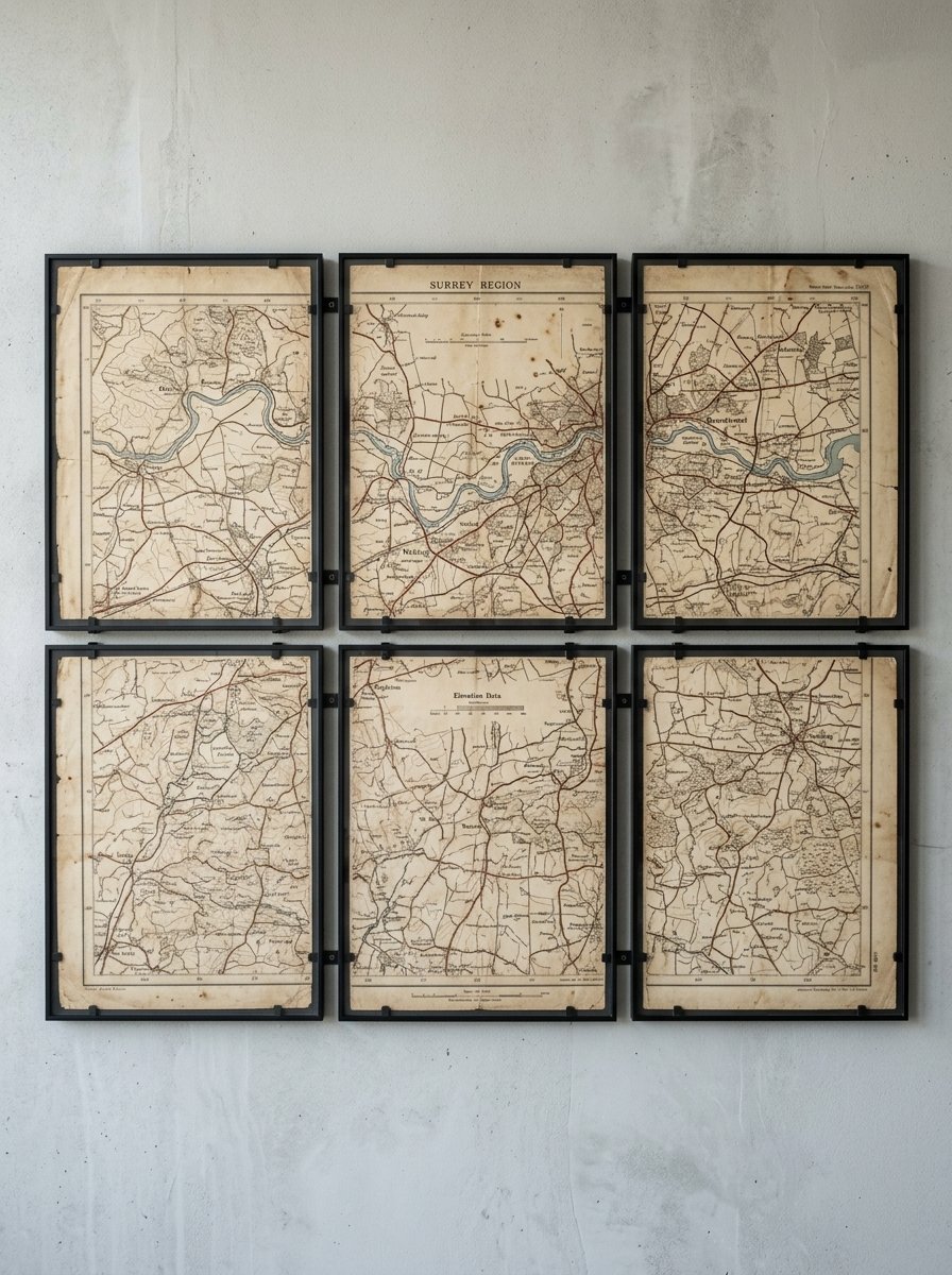 Set of six aged historical cartography prints mounted in black metal frames displayed on a grey textured wall.