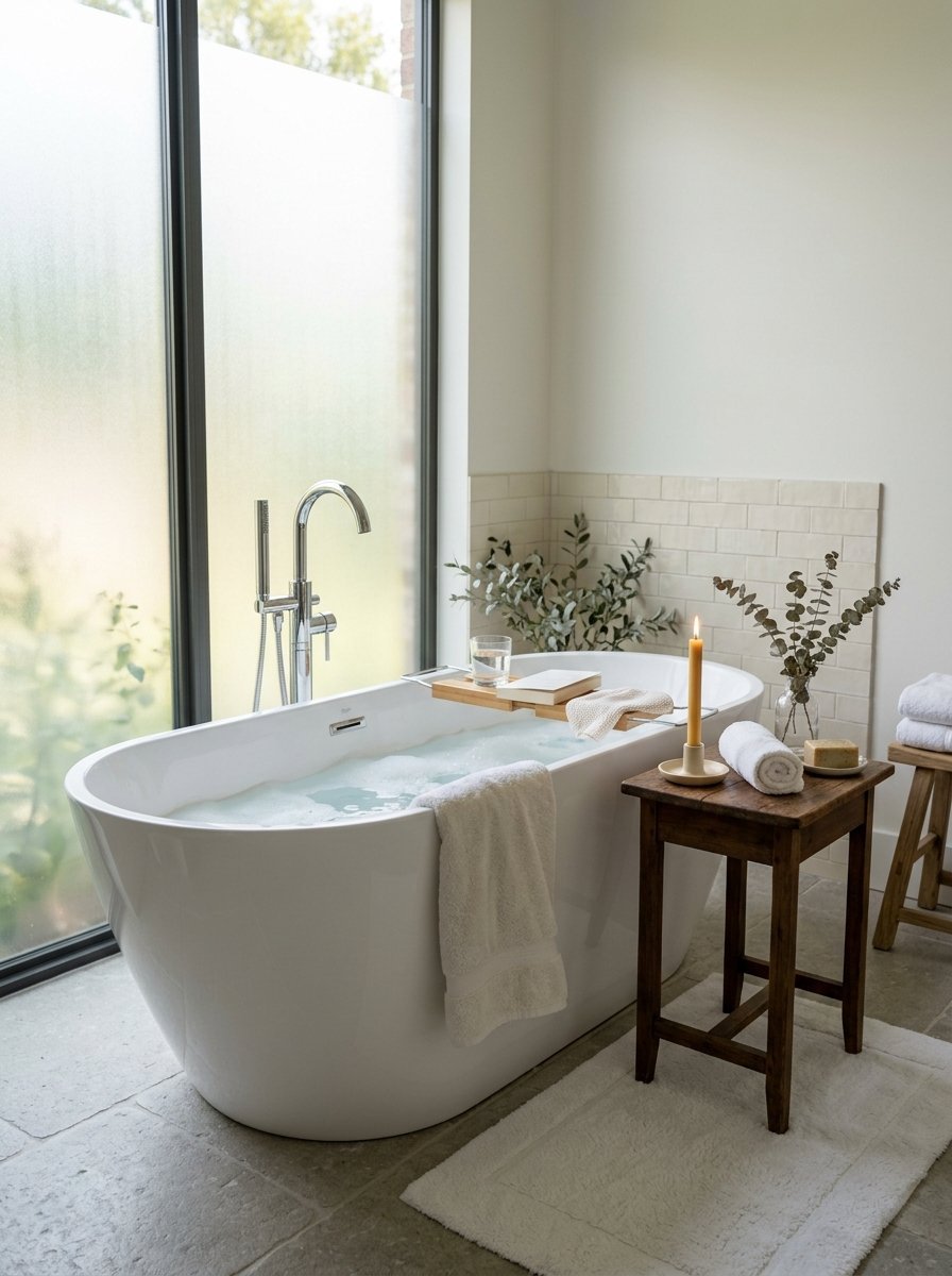Modern freestanding bathtub with a wooden tray, lit candle, and rolled towels on a rustic stool by a window.