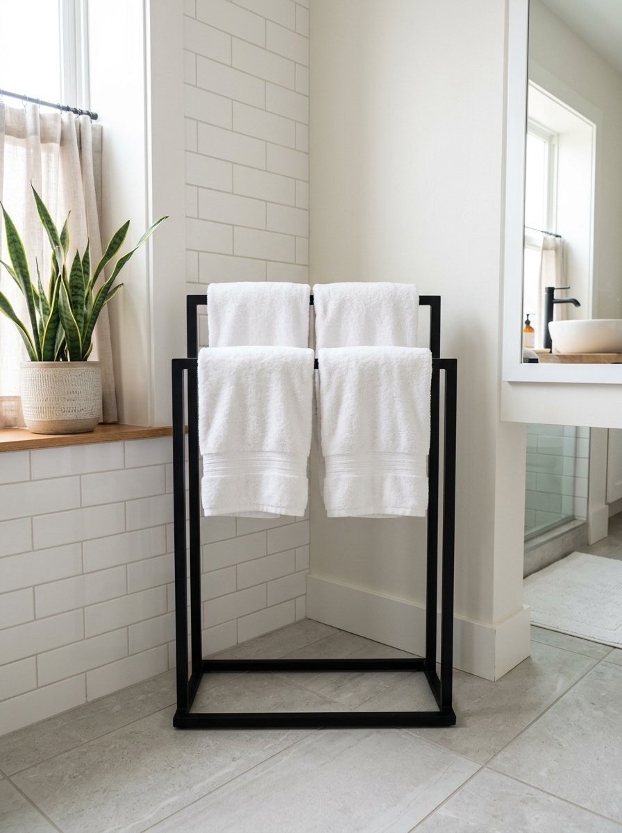 A black metal towel stand positioned in a bright bathroom corner with a snake plant nearby.