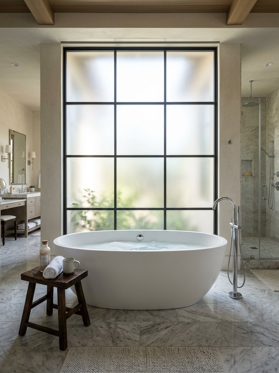 A luxurious bathroom featuring a white soaking tub, wooden stool, and large grid-pattern frosted glass window.