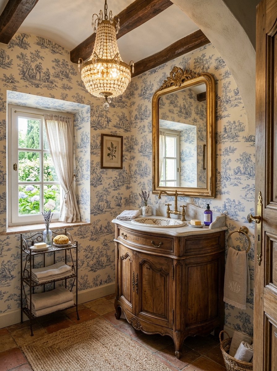 Antique wooden vanity with marble top sits under a gold framed mirror in a bathroom with blue and white toile wallpaper.