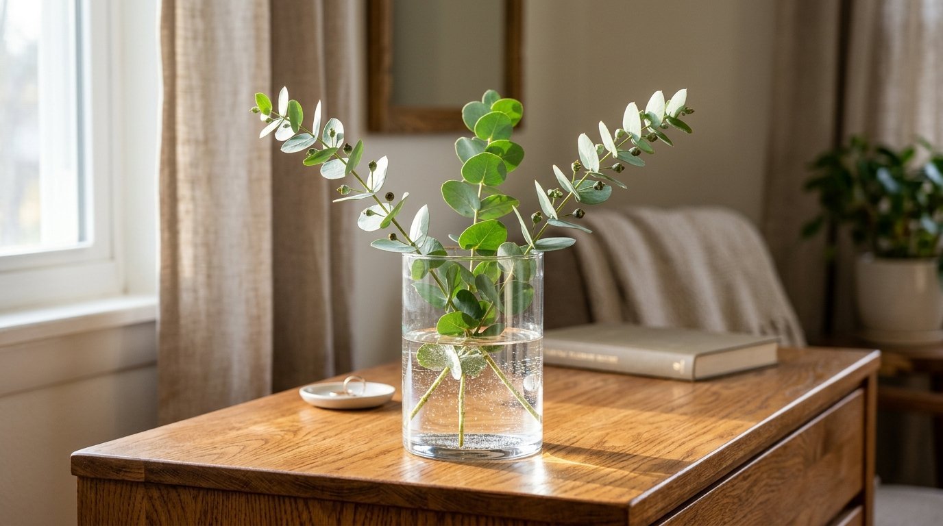 Green eucalyptus branches with rounded leaves standing in a clear glass container on a wooden side table.