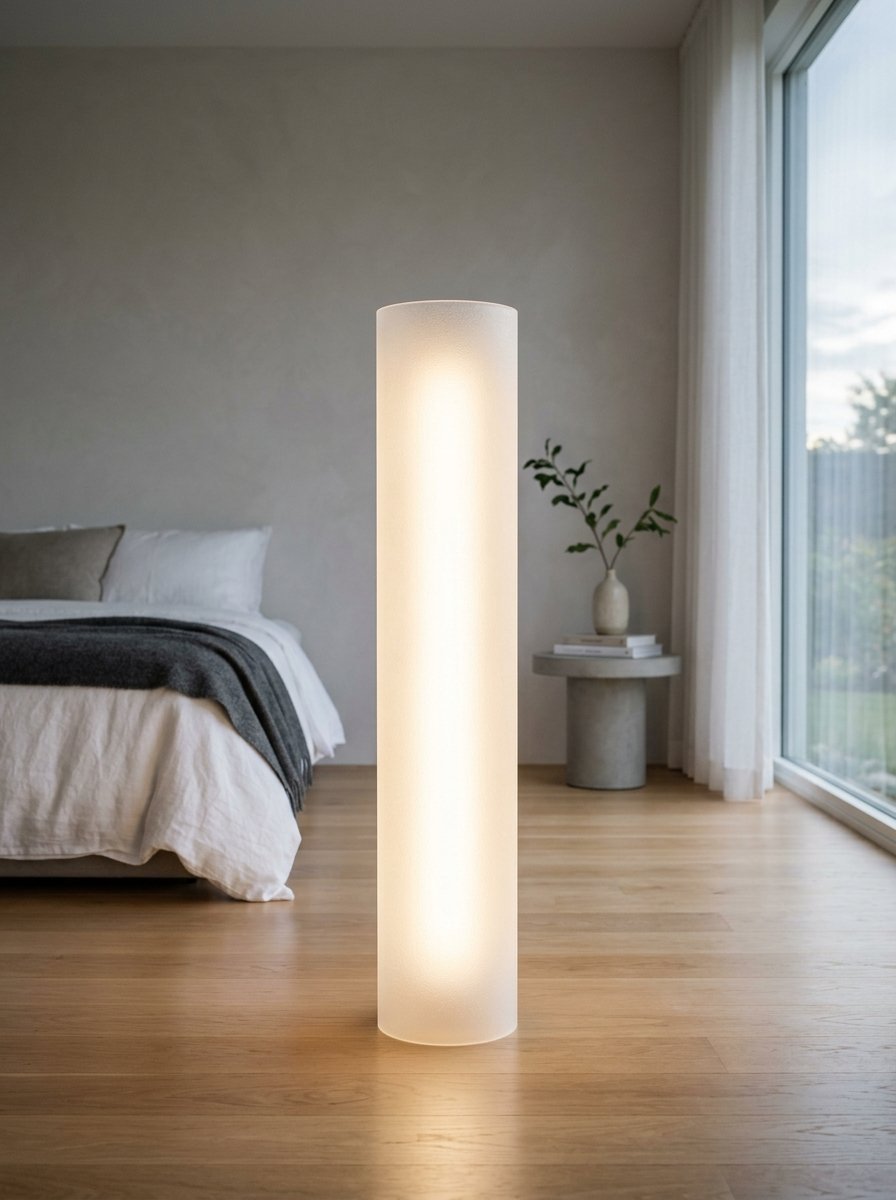 Tall, white cylindrical LED floor lamp illuminates a wooden floor in a minimalist bedroom next to a bed.
