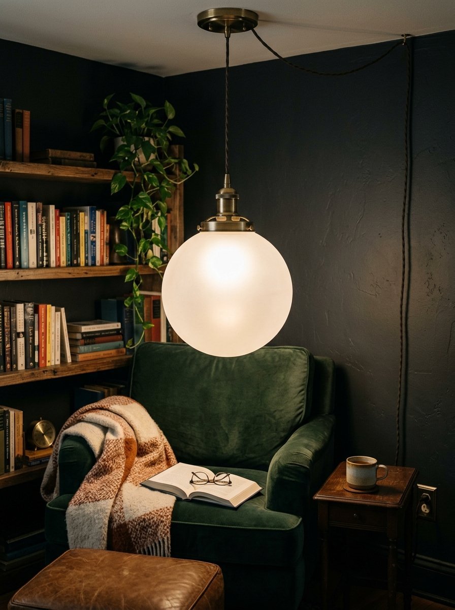 Green velvet armchair with a book and throw blanket illuminated by a brass globe pendant lamp in a dark home library.