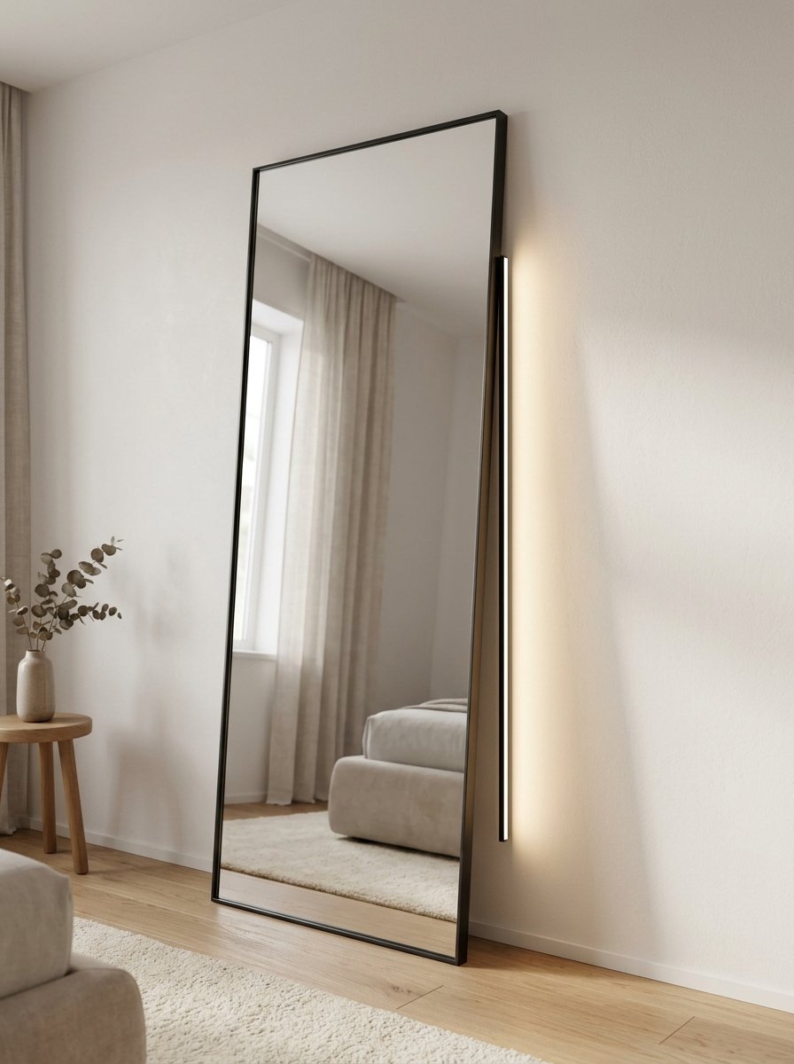 A tall, rectangular floor mirror with a black frame and glowing vertical LED light leaning against a wall.