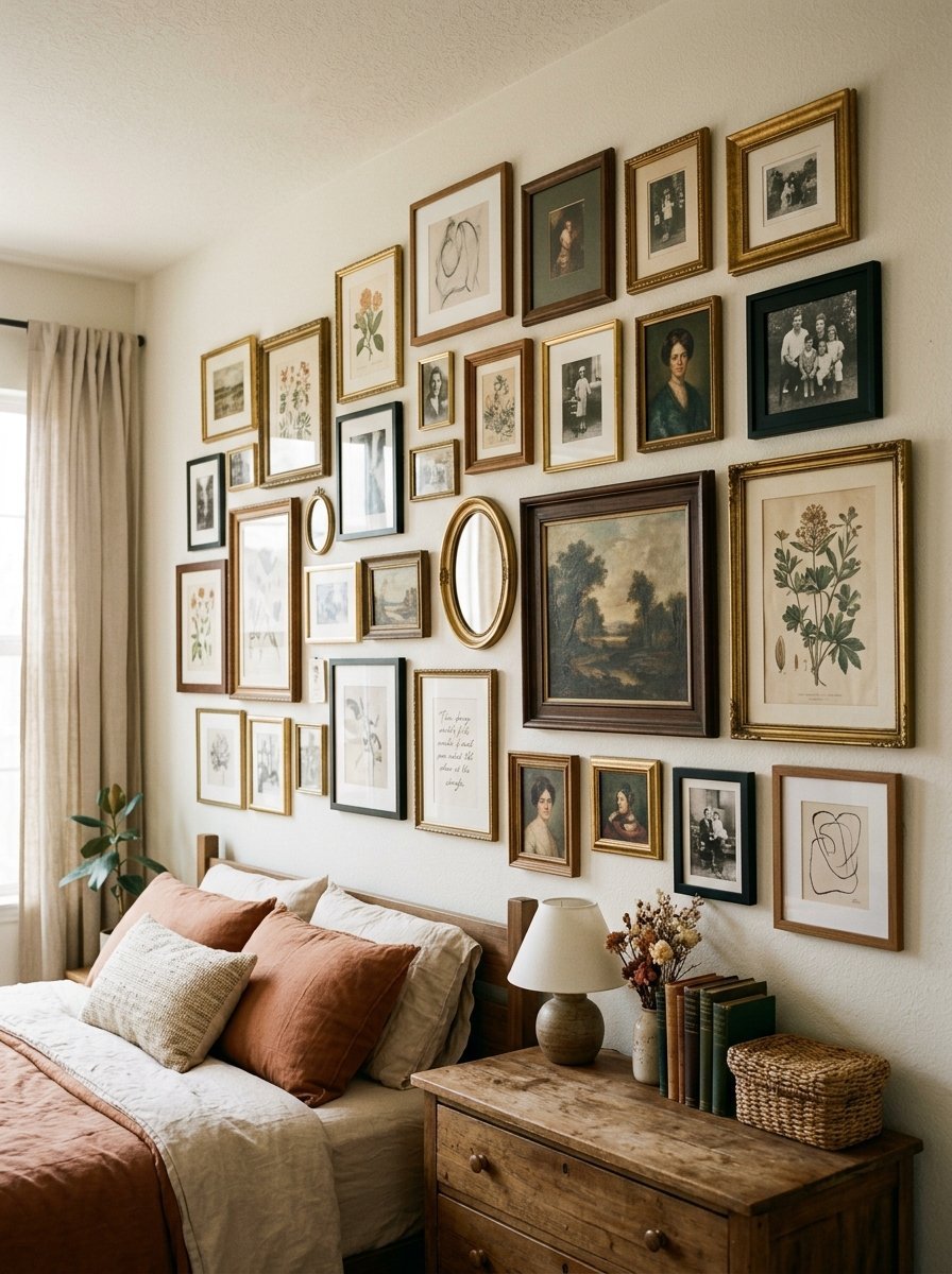 An eclectic gallery wall featuring framed antique portraits, landscape paintings, and botanical sketches above a bed.
