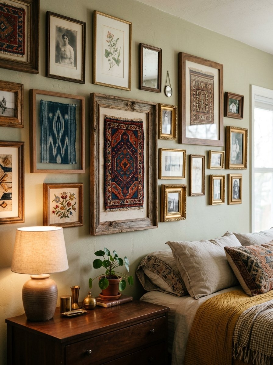 A bedroom wall filled with various framed art prints, vintage textiles, and gold-trimmed mirrors above a bed.