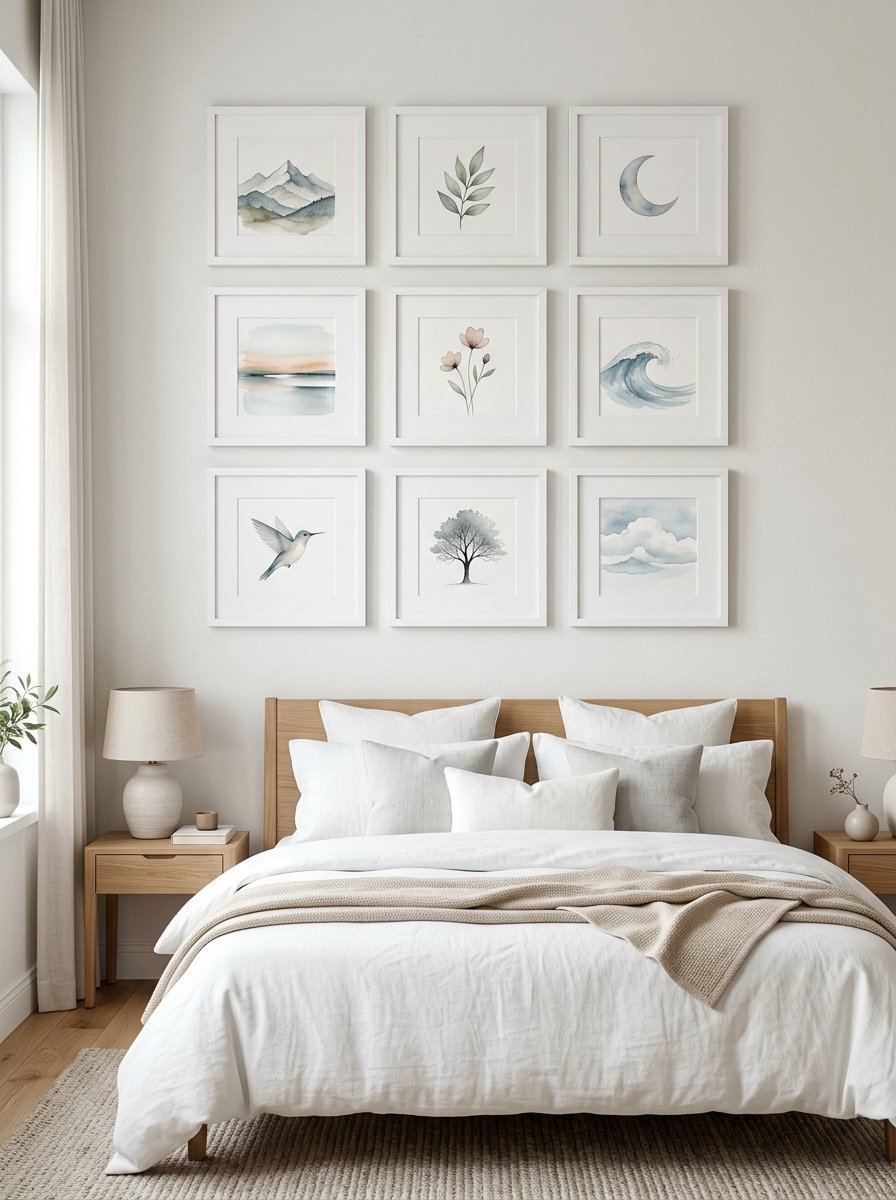 A beige and white bedroom with a three-by-three gallery wall of watercolor nature art above the bed.