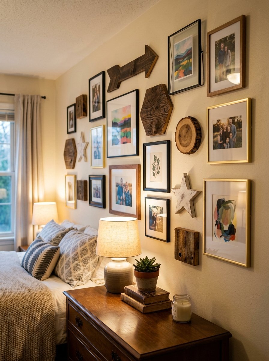 A bedroom gallery wall with framed pictures, wooden stars, an arrow, and a log slice above a wooden nightstand.
