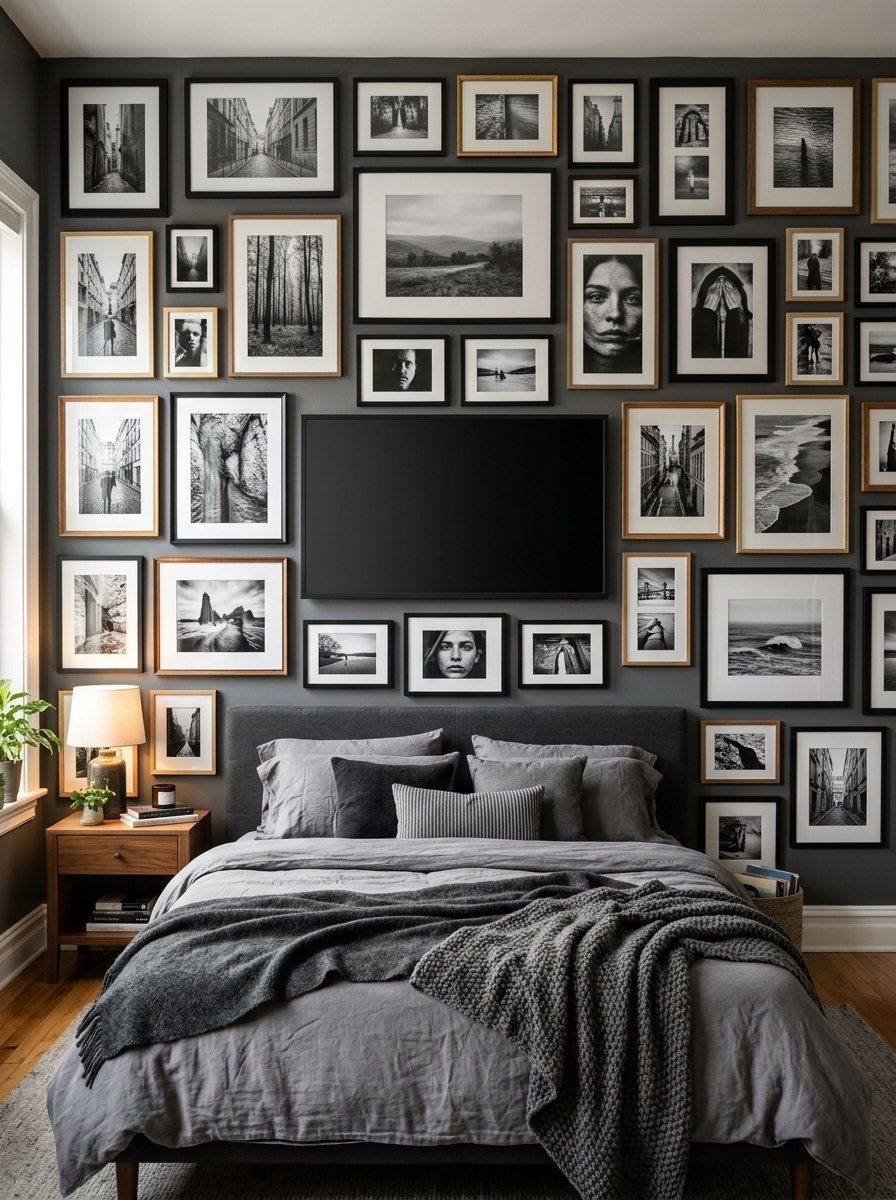 Modern bedroom with a dark grey wall filled with various black and white framed art prints above a cozy bed.