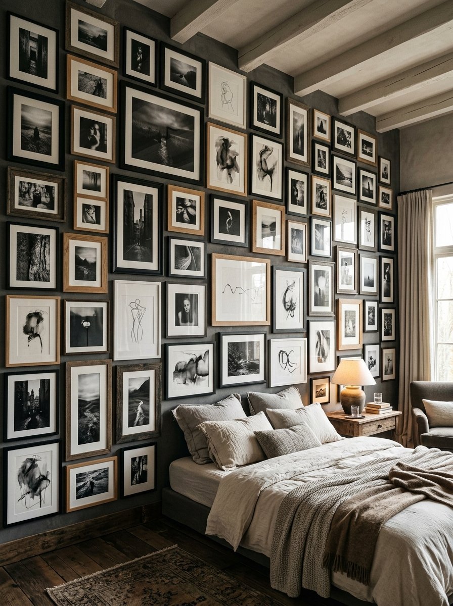 A cozy bedroom with a floor-to-ceiling gallery wall of framed monochrome artwork above a neutral bed.