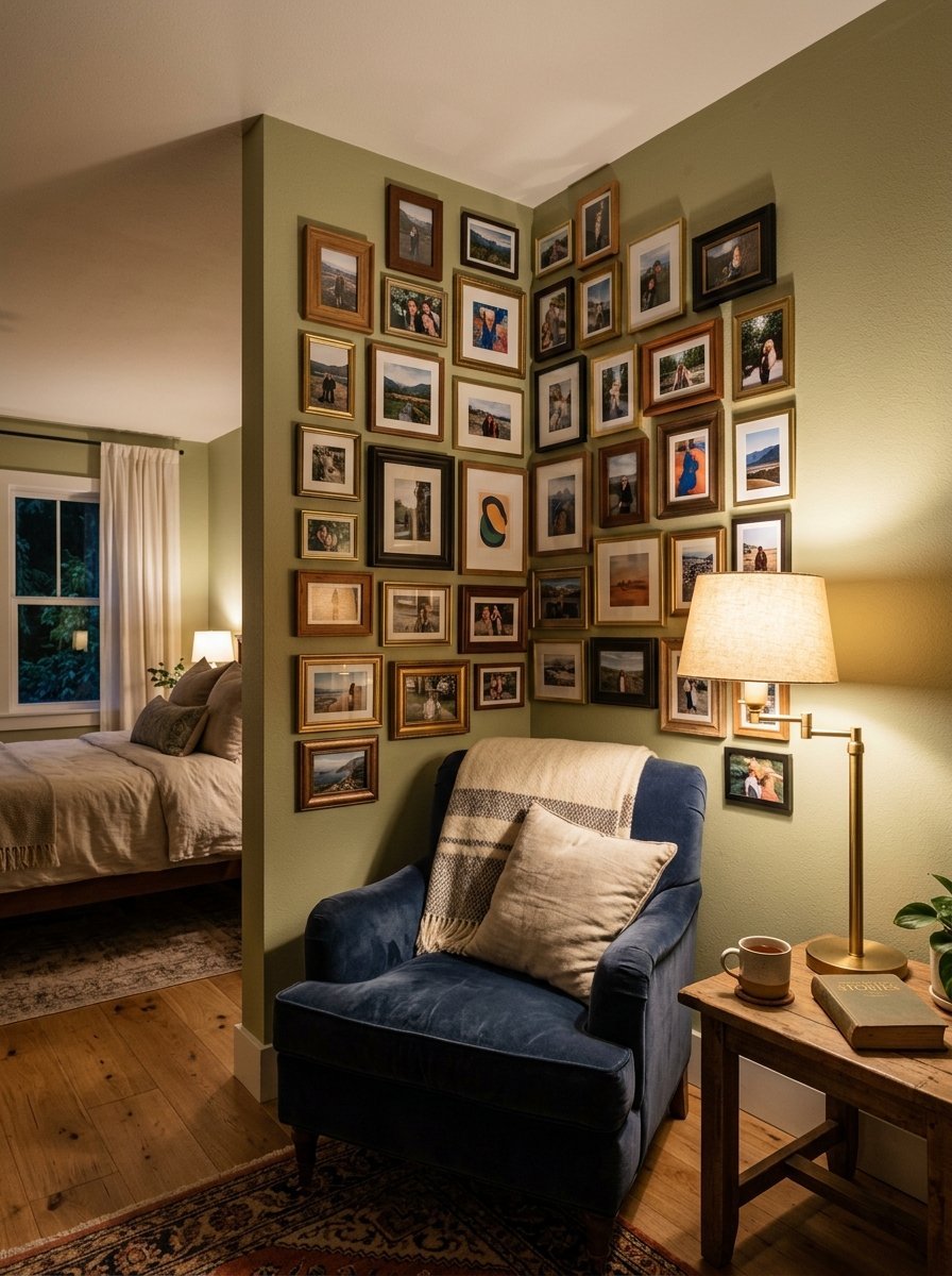 A navy blue velvet chair sits next to a green wall covered in various framed photographs.