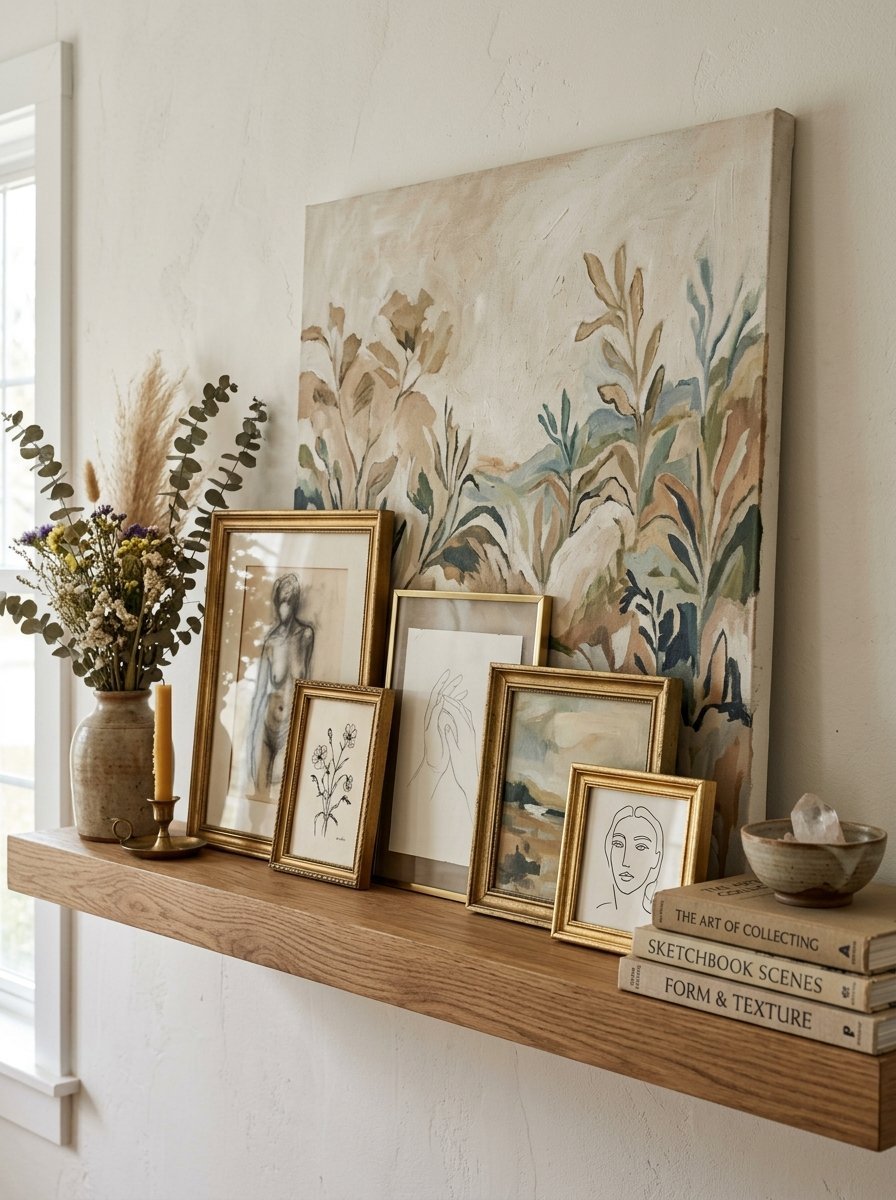 A rustic oak shelf holding gold-framed minimalist sketches, abstract paintings, dried flowers, and a stack of art books.
