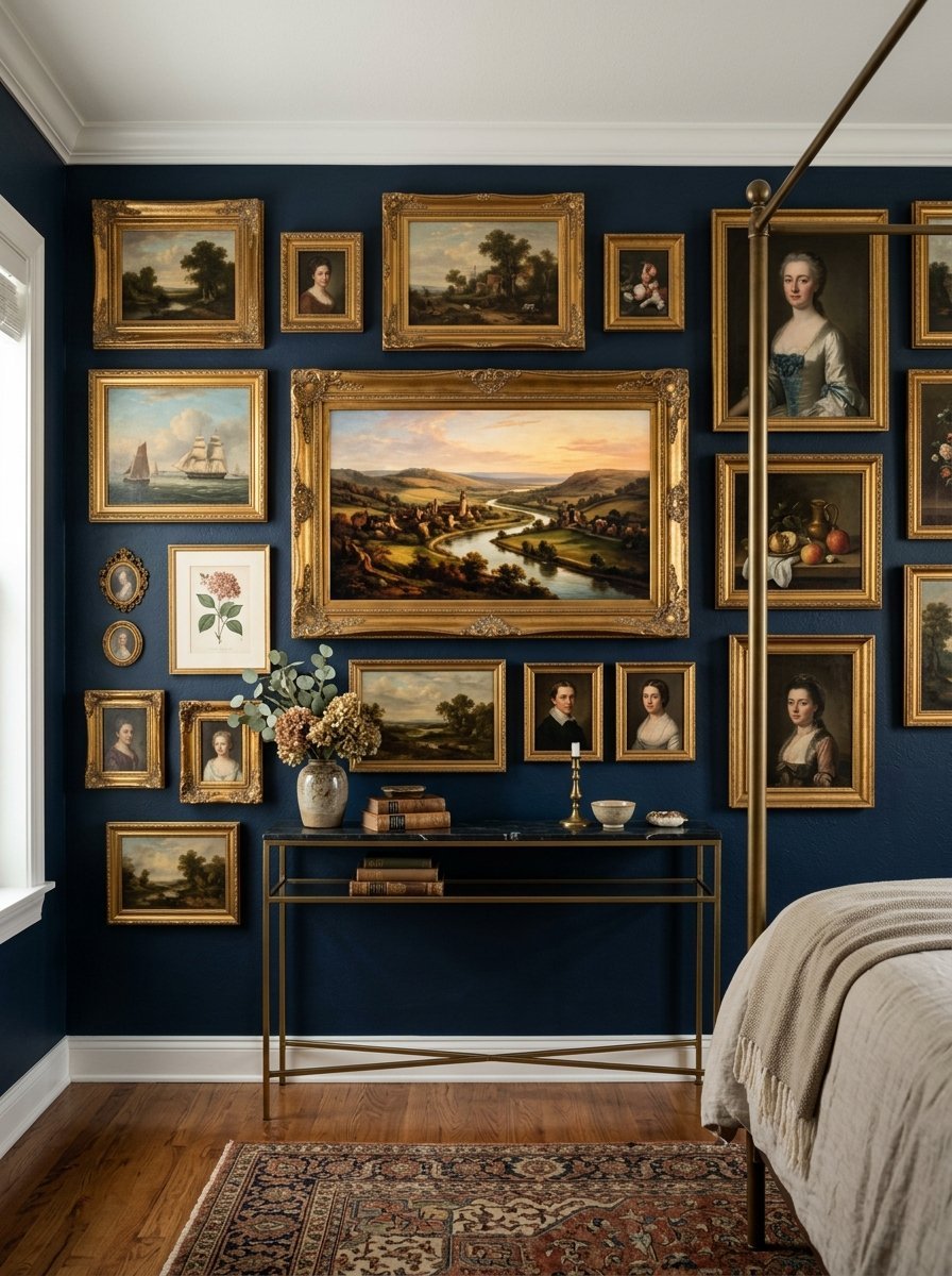 Collection of traditional artwork in ornate gold frames displayed on a dark navy blue bedroom wall.