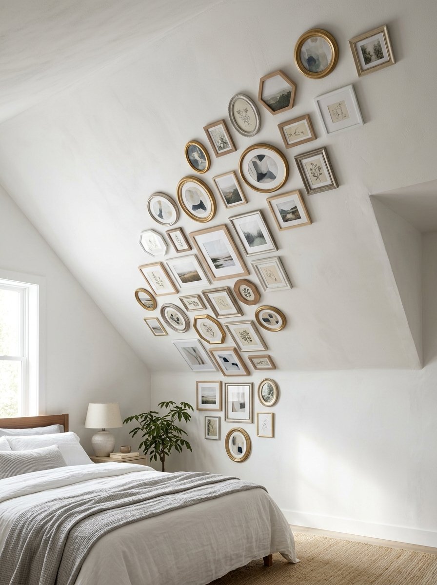 Many mismatched picture frames arranged in a gallery layout on a slanted bedroom wall above a white bed.