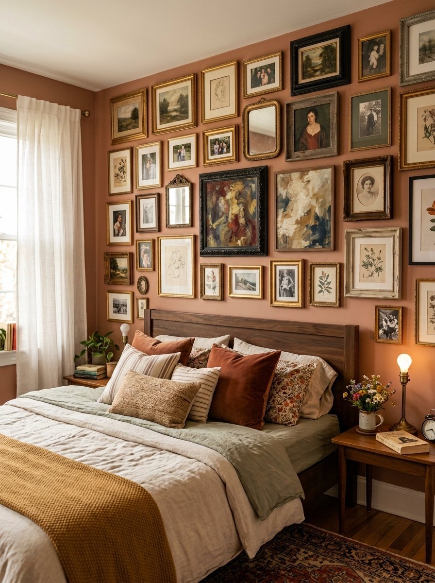 A bed with terracotta pillows sits against a wall covered in various framed paintings and portraits.