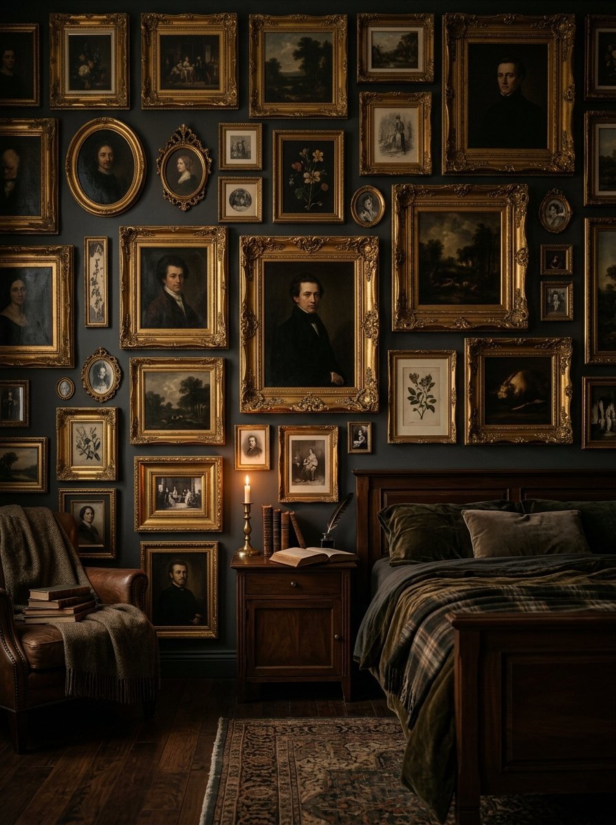 A dark, elegant bedroom wall covered in numerous ornate gold-framed paintings above a candlelit wooden nightstand.
