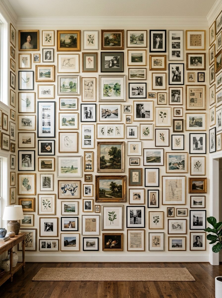 An expansive interior gallery wall covered in numerous framed art pieces, photographs, and botanical sketches.