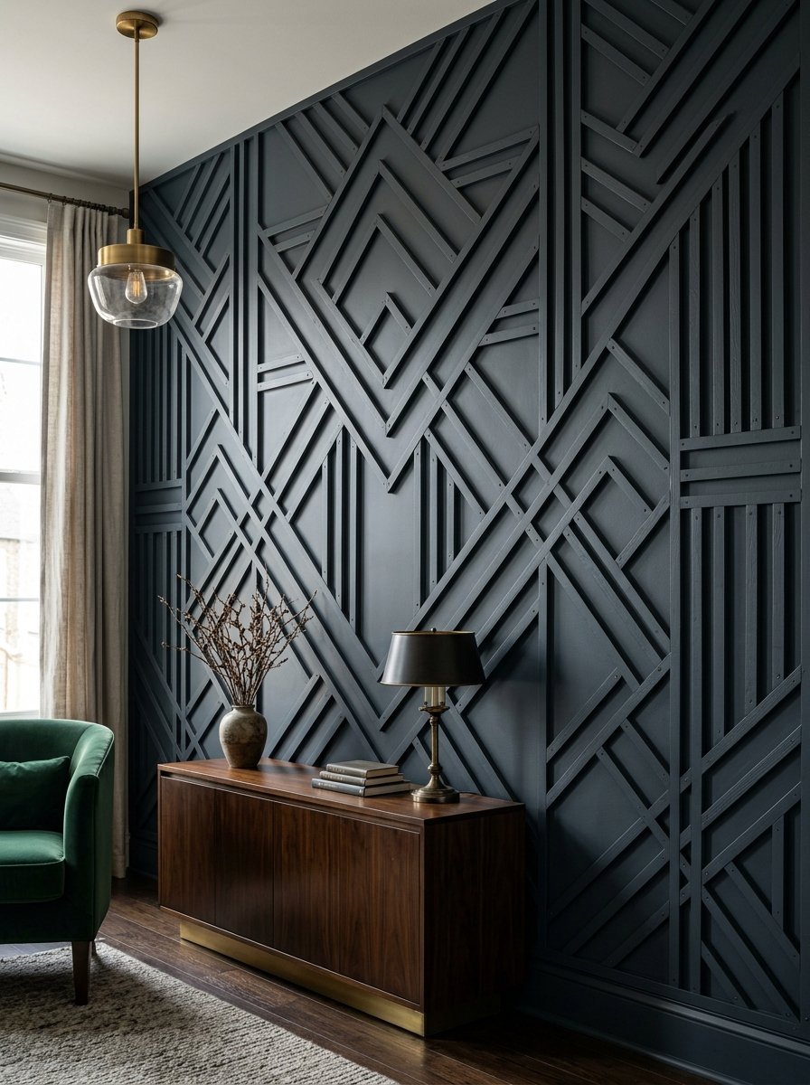 Dark grey wall with intricate 3D wood molding behind a walnut console table and brass pendant light.