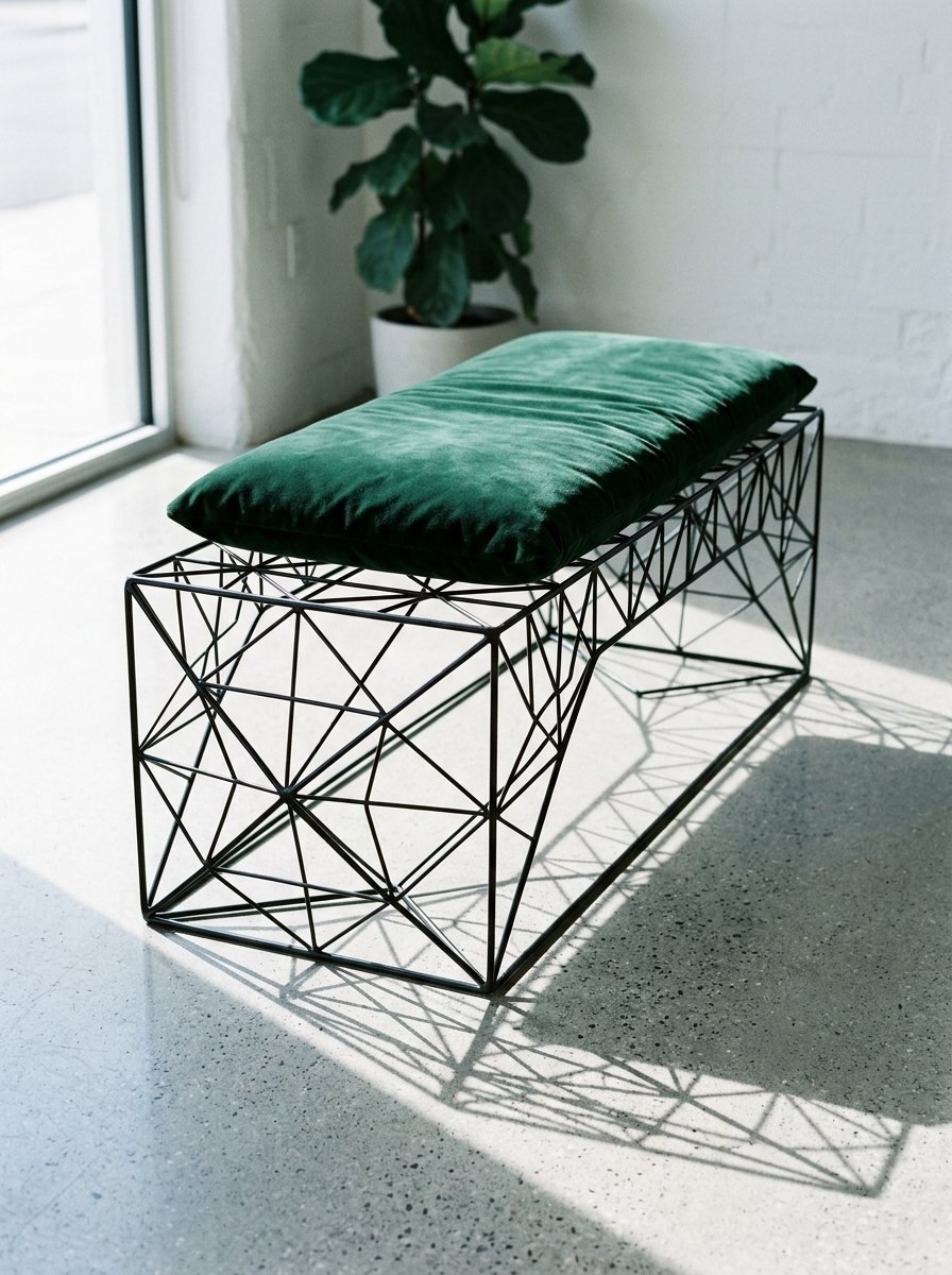 A rectangular bench with a plush dark green cushion sitting on a complex, angular black metal wire support structure.