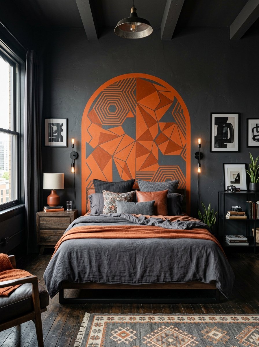 Dark bedroom interior featuring a vibrant orange geometric arch design painted on a black accent wall.