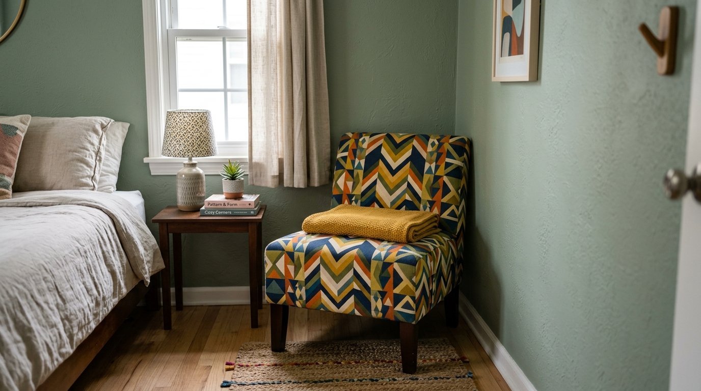 A patterned armchair with a yellow knit throw blanket sits on a jute rug next to a bedside table.